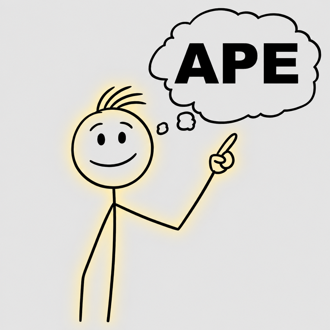 Simon, a smiling stick figure pointing up with a giant APE thought bubble